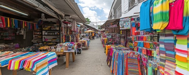 Obraz premium A vibrant market scene filled with colorful textiles and goods for sale.