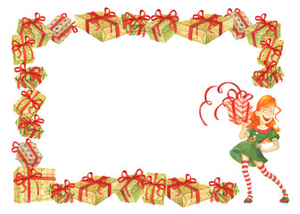 Horizontal festive frame or border with colorful gift boxes and cartoon red haired teen girl character in green dress. Watercolor hand drawn template for postcards or covers with empty place for text