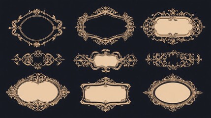 26.A collection of luxurious vintage label frames featuring ornate designs with intricate flourishes and decorative borders, perfect for royal wedding insignias, sale stickers, or formal invitation