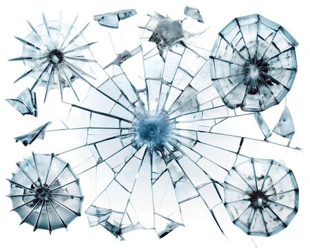 Big collection of cracks broken glass  on white background