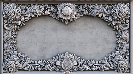110.A detailed gray border featuring intricate Thai patterns with delicate floral and geometric elements, the frame exuding vintage elegance, perfect for formal invitations or traditional card
