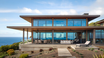 Fototapeta premium Modern coastal home with expansive glass windows and a sleek design, overlooking the ocean, featuring a spacious outdoor living area and lush landscaping.
