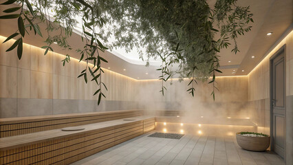 Steam spa room with soft lighting, eucalyptus branches hanging for relaxation
