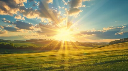 Bright sunburst over a serene countryside scene with soft, rolling hills and ample space in the sky for personalized content