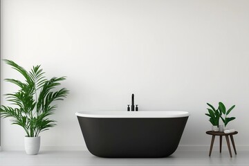 Fototapeta premium A sleek, contemporary black bathtub situated in a minimalist bathroom, accented by lush green plants and a simple side table, creating a serene atmosphere.