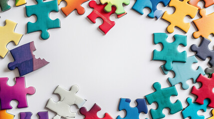Assorted colorful puzzle pieces arranged in a circular layout on a white background