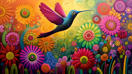 Fototapeta premium Vibrant Hummingbird and Floral Fantasy Illustration
