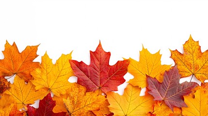 Fototapeta premium 31.Autumn Leaves Border Isolated on White. Red, Yellow, and Orange Fall Leaves with Copy Space