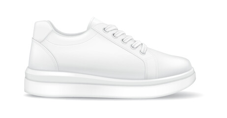 Modern sneaker mockup design realistic vector illustration object. Sportive footwear casual accessory side view 3d model on white background