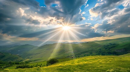 Sun shining through a gap in the clouds over rolling hills, with vibrant greens and blues providing a perfect background