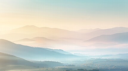 Fototapeta premium Tranquil morning light shining over a peaceful valley, with soft pastel colors and an open sky for clear