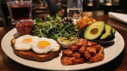 Delicious Brunch Plate with Avocado, Eggs, and Crispy Potatoes in a Cozy Restaurant Setting