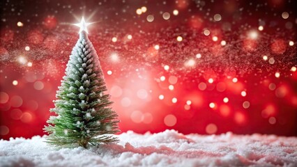 Obraz premium Snow covered Christmas tree with snow white and bokeh on red background