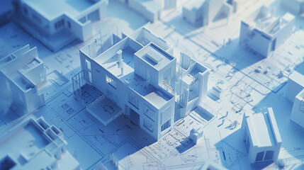 Obraz premium Architectural floor plan with a 3D model of a room on top of blueprint layouts