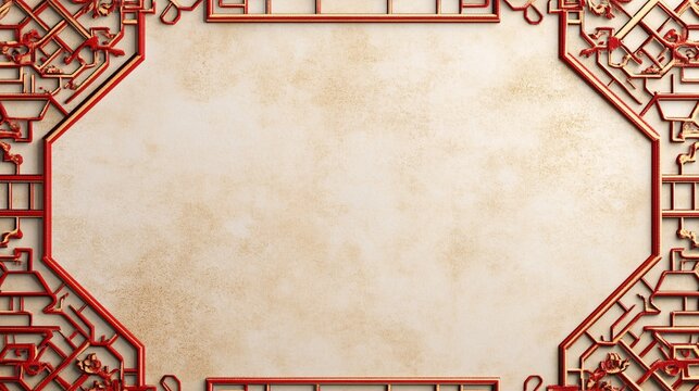50.A traditional Chinese frame with bold red and gold geometric patterns, featuring intricate lattice designs along the edges, creating an elegant border around a light-colored background with copy