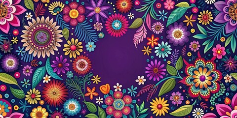 Fototapeta premium Vibrant floral pattern on a deep purple background with intricate designs and colorful flowers, geometric, ornate, purple, abstract