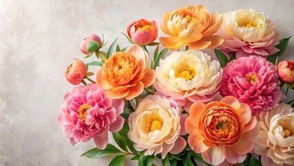 Vibrant peony flowers in shades of coral, salmon, and yellow on a white background with subtle texture, spring flowers, garden inspiration