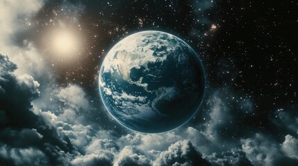 Obraz premium A cinematic shot of Earth curved surface with white clouds flowing over the continents, as the planet drifts in the quiet, dark expanse of space, surrounded by glowing stars.