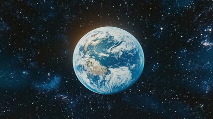 Fototapeta premium A cinematic shot of Earth curved surface with white clouds flowing over the continents, as the planet drifts in the quiet, dark expanse of space, surrounded by glowing stars.