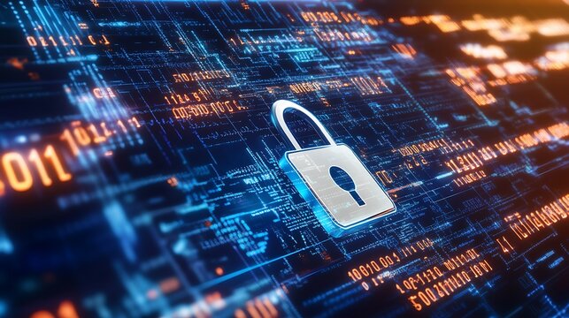 Cybersecurity concept with a padlock icon and binary code in the background