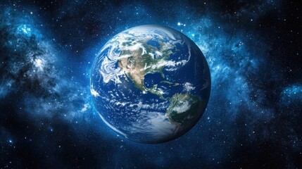 A cinematic shot of planet Earth, with swirling white clouds over the deep blue oceans and continents, set against a dark