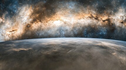 A cosmic equirectangular projection featuring nebula clouds and stars, designed as a 360-degree HDRI spherical panorama for creating immersive space environments.