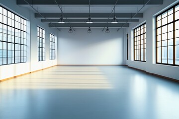 Fototapeta premium A bright empty room features large industrial-style windows that cast sunlight on the floor, creating an open and inviting space with a modern architectural design.