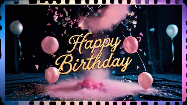 Happy Birthday text in bold yellow script surrounded by confetti, pastel balloons, and pink smoke on a dark background, framed with vintage film edges