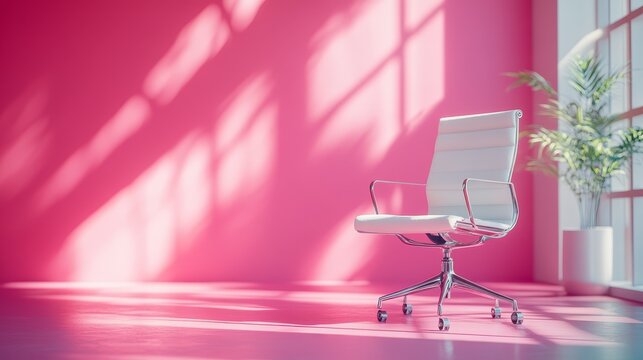 A modern office setting featuring a boss chair surrounded by surreal sculptures set against a bright pink background, aimed at evoking a conceptual and imaginative atmosphere