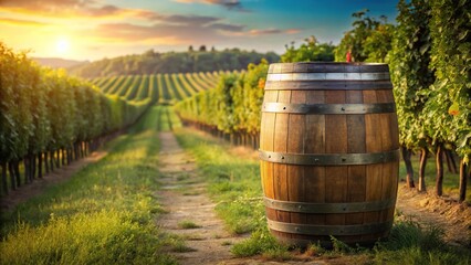 Obraz premium Wooden wine barrel with a rustic charm, standing alone in a vineyard, vineyard, wooden barrels, rustic wine barrel, wine cellar