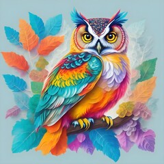 A vibrant owl with a mix of bright colors sits perched on a branch, surrounded by an array of multicolored leaves. Its intense gaze and intricate feather details create a captivating focal point.