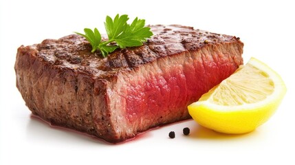 Fresh Grilled Steak with Lemon Slice and Herbs