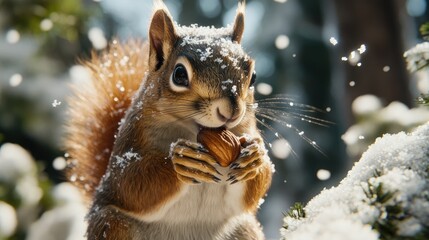 Cute Squirrel Enjoying Nut in Winter Wonderland