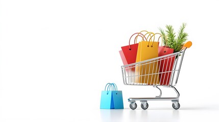 Shopping cart displays colorful bags