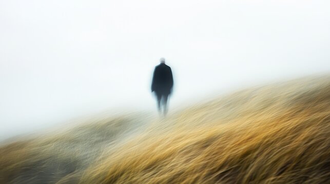 An old man dressed in black walked slowly on the grass dunes, enjoying the bright and clear sky. Reflecting peaceful moments in nature while evoking nostalgia and reflection on the journey of life.