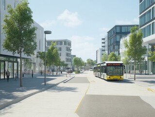 Obraz premium A modern urban street scene featuring a bus, trees, and contemporary buildings.