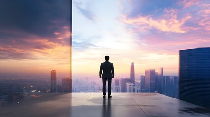 Fototapeta premium Business leader reflects on cityscape