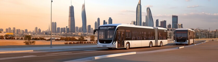 Modern buses traveling in a cityscape with skyscrapers at sunset.