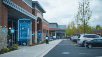A modern digital interface designed specifically for outdoor use, displaying a clear layout of parking permit management options. Contains transparent elements and subtle shades of blue and gray