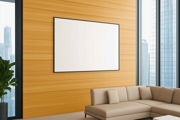 A contemporary office space featuring a blank canvas on a wooden wall, large windows with a cityscape view, a comfortable beige sofa, and a vibrant green plant.