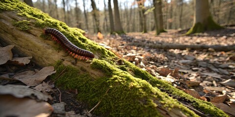 Millipede crawling on mossy log in forest, surrounded by fallen leaves, sunlight filtering through trees, millipede
