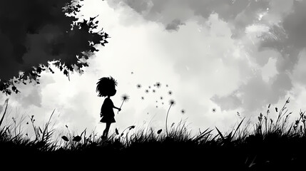 A child s delighted dandelion moment capturing the simple pleasures of nature s wonders in a silhouette. Wind Spirit. Illustration