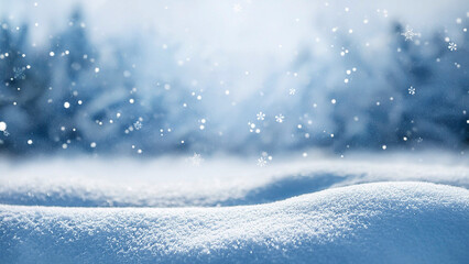 Winter landscape with falling snowflakes and snow drifts. Christmas background with copy space