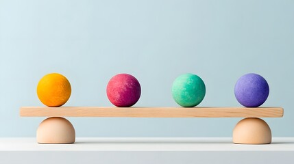 Naklejka premium Balance colorful spheres on wooden beam