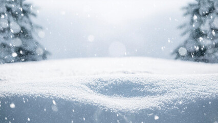 Fototapeta premium Winter landscape with falling snowflakes and snow drifts. Christmas background with copy space