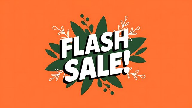 Flash Sale Announcement with Green Leaves and White Twigs on an Orange Background