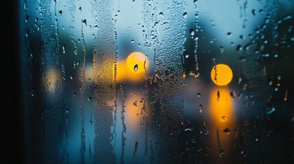 65.A foggy window covered with rain streaks, the moisture forming intricate patterns as it slides down, soft focus on the distant outside scene.