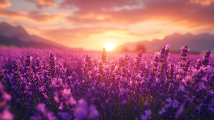 close-up of vibrant lavender fields stretching across the landscape, soft purple tones under a warm sunset