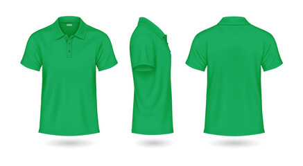Modern green polo t-shirts mockup realistic vector illustrations set. Casual attire for summer season template 3d model on white background
