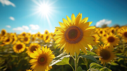 field of sunflowers facing the sun, bright yellow petals under a clear blue sky, cheerful and uplifting